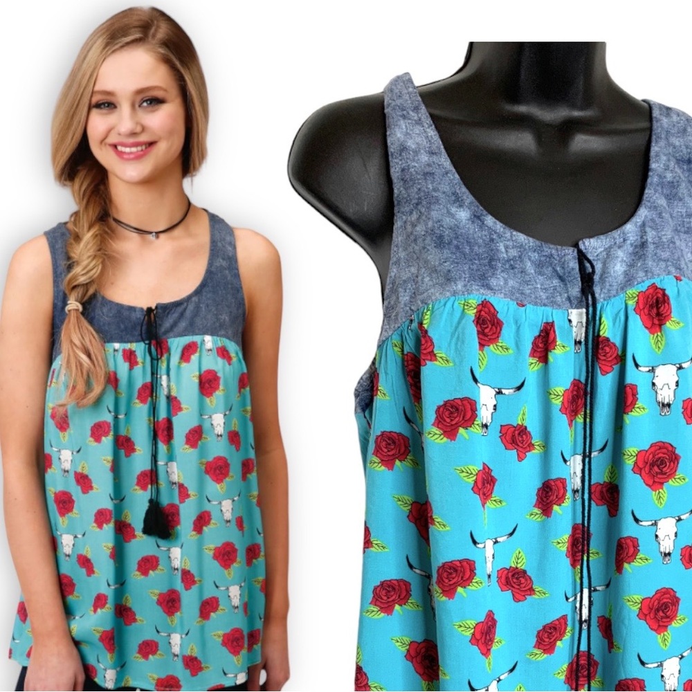 Roper Skulls & Roses Sleeveless Top Sz L EUC
